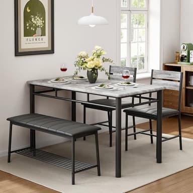 IRONCK Dining Table Set for 4, Kitchen Table with Upholstered Bench and 2 Chairs, Kitchen Table and Chairs Set for Small Space, Apartment, Gray - Image 4
