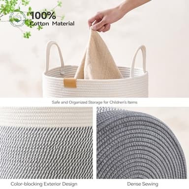 Nunsino 80L Laundry Hamper Basket,Baby Nursery Woven Storage Basket for Toys Bin,Pillows,Blankets,Clothes,Grey&White - Image 5