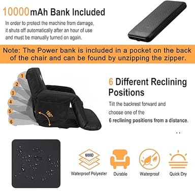 Heated Massage Reclining Stadium Seat, 25 Inch Bleacher Chair with 10000mAh Portable Bank, 6 Reclining Positions for Camping, Games & Sports - Image 3