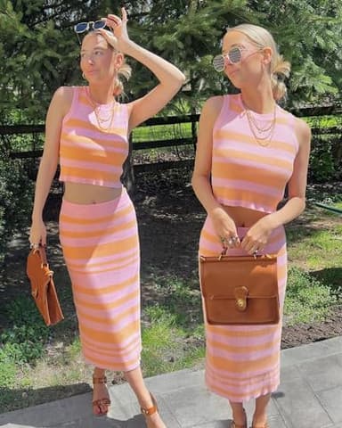 Arach&Cloz Women's 2 Piece Sets 2025 Summer Mom Outfits Travel Matching Clothing Fall Fashion Dressy Vacation Striped Tank Top Midi Skirt Going Out Date Night Sweater Lounge(pink-orange,M) - Image 6