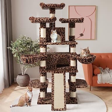 SHA CERLIN 68 Inches Multi-Level Large Cat Tree for Large Kitties/Big Cat Tower with Condo/Cozy Plush ‌Pussycat Perches/Sisal Scratching Posts and Hammocks/Activity Center/Leopard Print - Image 2