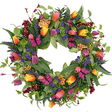 WreathDream 22 inch Spring Summer Wreath Tulip Wreath for Front Door with Purple Tassels, Eucalyptus Leaves, Ferns, Butterflies for Indoor Outdoor Wall Festival Home Farmhouse Wedding Decor - Image 1