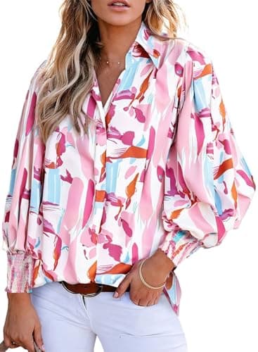Astylish Women Oversized Button Down Shirts Collar Pretty Lantern Sleeve V-Neck Tops Spring Trendy Blouse Tunic Light Pink Medium - Image 1