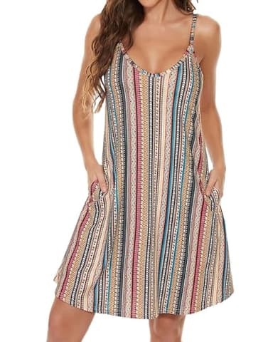 JOELLYUS Womens Summer Dresses Spaghetti Strap Sundress Casual Beach Cover Ups Swing Dress with Pockets (Stripe,L) - Image 2