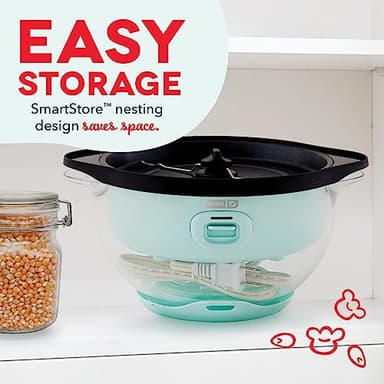 DASH SmartStore™ Stirring Popcorn Maker, 3QT Hot Oil Electric Popcorn Machine with Clear Bowl, 12 Cups - Aqua - Image 4
