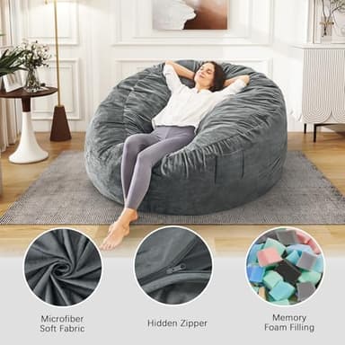 Bean Bag Chairs for Adults - Giant Bean Bag Chair Convertible Bean Bag Bed - Beanbag Chair with Micro Fiber Cover/Furniture Foam Filler - Floor Couch Sofa in Bedroom Dorm Room - Full Charcoal - Image 4