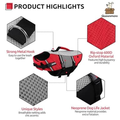 Queenmore Dog Life Jacket Swimming Vest Small Medium Dogs Neoprene Life Vest Lightweight Reflective Dog Lifesaver for Boating Kayaking Red,XS - Image 2