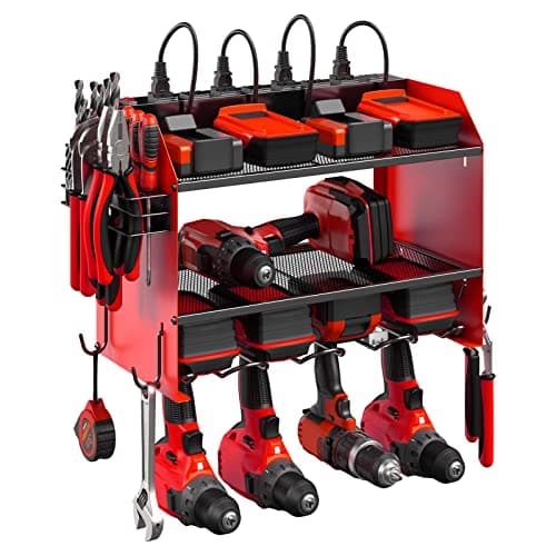 CCCEI Modular Power Tool Organizer Wall Mount with Charging Station. Garage 4 Drill Storage Shelf with Hooks, Screwdriver, Drill Bit Heavy Duty Rack, Tool Battery Holder Built in 8 Outlet Power Strip. - Image 1