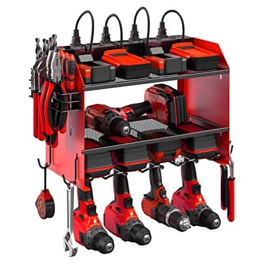 CCCEI Modular Power Tool Organizer Wall Mount with Charging Station. Garage 4 Drill Storage Shelf with Hooks, Screwdriver, Drill Bit Heavy Duty Rack, Tool Battery Holder Built in 8 Outlet Power Strip. - Image 1