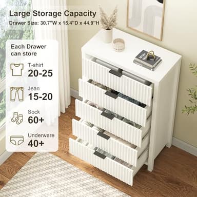 Jocoevol White Dresser for Bedroom with 5 Drawers, Wide Chest of Drawers with Thick Plank Styling, Modern Dresser for Closet Store Organizer for Bedroom, Living Room, Hallway - Image 5