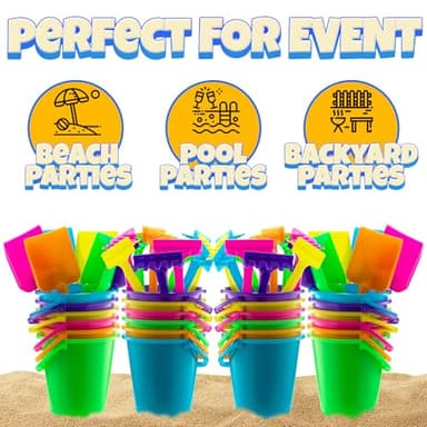 Mini 4.5-Inch Beach Buckets for Kids - (12 Pack) Sand Buckets and Shovels w/Rakes & Mesh Bags - Small Beach Pails - Sturdy Unbreakable Plastic - Beach Party Favors & Giveaways for Toddlers Ages 3-6 - Image 6