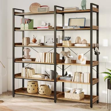 Rolanstar Bookshelf 6 Tier with 4 Hooks, Reversible Corner Bookshelf, 69" Industrial Wooden Bookcase with Open Shelves and Metal Frame for Living Room, Bedroom, Home Office, Rustic Brown - Image 4