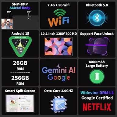 2025 Android 15 Tablet with Keyboard, 26GB(6+20)RAM+256 Storage(Expand to 2TB), 8000mAh Battery, Widevine L1, 10 Inch 2-in-1 Tablets with 5G/2.4G WiFi, BT5.0, GMS Certified, Mouse, Case, Stylus(Black) - Image 2