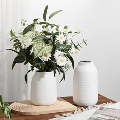 Briful White Ceramic Vase for Dried Flowers – 7.1” Short Ribbed Modern Vase with 3.7” Wide Opening, Minimalist Farmhouse Table Centerpiece, Boho Home Decor for Pampas Grass, Bookshelf & Mantel Styling - Image 2
