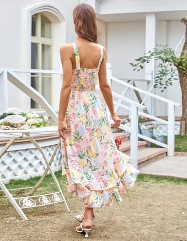 GRACE KARIN Women's 2025 Summer Floral Boho Dress Square Neck Strapped Swing A Line Sundress Beach Long Maxi OutfitsBlue Yellow XL - Image 3