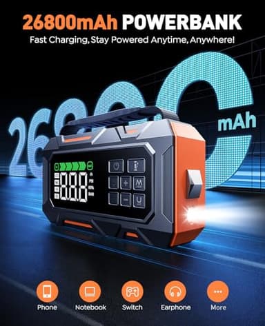 14-in-1 Car Jump Starter, 7000A Jump Starter Jump Box (All Gas 12L Diesel), Jumper Cables Jumper Starter Portable with Air Compressor 160PSI, Car Roadside Emergency Kit, Tow Rope, Gloves, Lights - Image 3