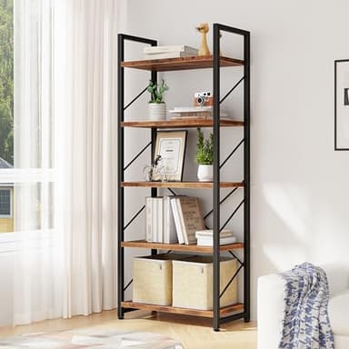 Bookshelf, 5 Tier Bookshelves, Home Office Bookcase Shelf Storage Organizer, Free Standing Storage Shelving Unit for Bedroom, Living Room and Home Office,Rustic Brown - Image 2