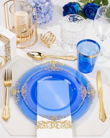 Nervure 175PCS Clear Blue Plastic Plates - Plastic Dinnerware Set Include 25Dinner Plates, 25Dessert Plates, 25Cups, 25Forks, 25Knives, 25Spoons, 25Napkins Perfect for Wedding & Party - Image 4