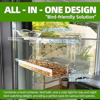 WENMIXER Window Bird Feeder with Non-Marking Self-Adhesive Hooks, Clear and Transparent, Outdoor Wild Bird Watching Gift, Garden Decor (with Solar Light) - Image 3