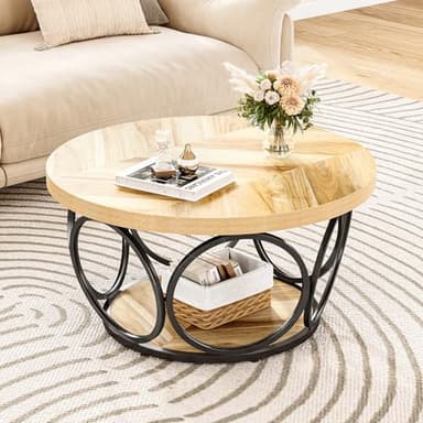 LITTLE TREE Coffee Table for Living Room, 31.5" Round Wood Center Table, Farmhouse Large Circle Coffee Tables with 2-Tier Storage, Modern Simple Brown Tea Table - Image 7