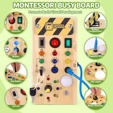 wakeInsa Busy Board with led Light， Sorting Sensory Travel Toys for Toddlers 1-3， Wooden Toddler Busy Board Montessori Toys for 1+ Year Old - Image 2