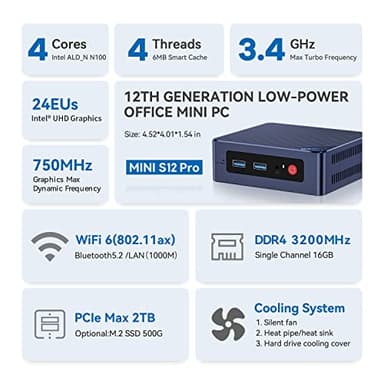 Beelink Mini S12 Pro Mini PC, 12th Intel Alder Lake-N100 (up to 3.4GHz, TDP 6W), 8GB DDR4 RAM 256GB M.2SSD, Mini Computer Support 4K@60Hz Dual Display/WiFi 6/BT 5.2/USB 3.2/HTPC/Family-NAS - Image 2