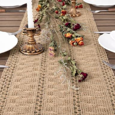 Socomi Boho Table Runner Fall Thanksgiving Farmhouse Burlap Jute Bamboo Rustic Dining Kitchen Centerpiece Decor Long Macrame Woven Coffee Table Runner for Dresser Scarf Home Decor 12x90 inch - Image 2