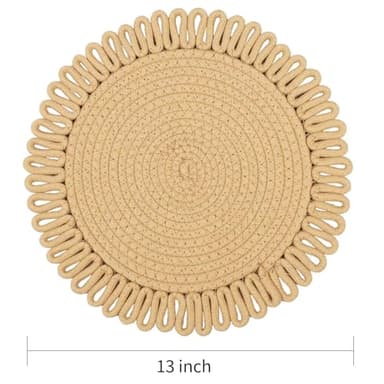 AHHFSMEI Round Woven Placemats Set of 4,13 inches Natural Cotton Blend Farmhouse Hand-Woven Place Mats Braided Rattan Table Mats for Dining Table(Light Brown Flower 4) - Image 3