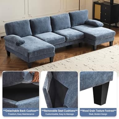 VINGLI 110" Sectional Couches for Living Room,U Shaped Couch with Double Chaise, 4-Seat Sofa Set with Corduroy Fabric for Home Furniture,Ocean Blue - Image 3
