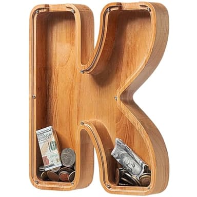 Piggy Bank for Kids Boys Girls, Large Personalized Wooden Letter Piggy Bank with Cut-Out Design, Alphabet Letter Coin Banks, Money Savings Box, Wooden Bank for Kids Creative Gift for Real-Money(K) - Image 8