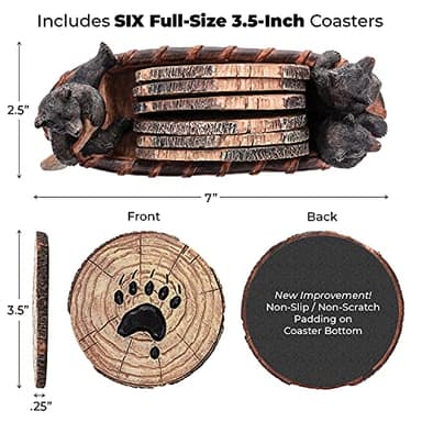 Bear Coasters Set of 6 Full Size Rustic Coasters in Handmade Canoe with Adorable Black Bear Figurines | Black Bear Log Cabin Decorations, Rustic Lodge Decor for The Home - Image 3
