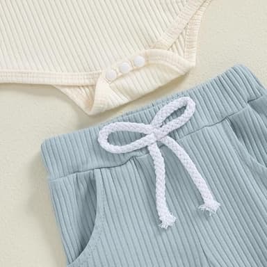 fhutpw Baby Boy Clothes 3 6 12 18 Months Ribbed Knitted Long Sleeve Romper and Pants Sets Newborn Fall Splicing Color Outfits (White&Blue, 3-6 Months) - Image 6
