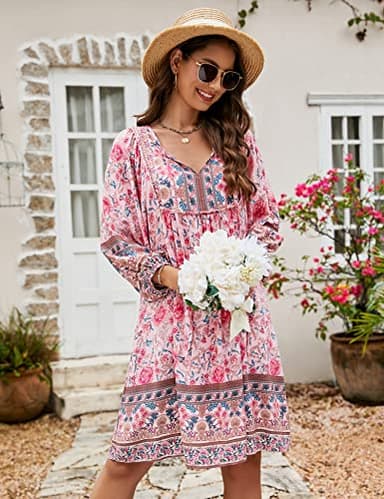 Bluetime Women Beach Casual V Neck Dress 3/4 Sleeve Summer Floral Dress Loose Plus Size Boho Dresses (XXL, Pink) - Image 2