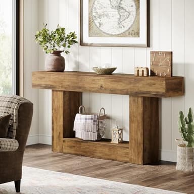 Tribesigns 63" Console Table, Farmhouse 2-Tier Entryway Table with U-Shaped Base, Narrow Long Wood Sofa Table Behind Couch Table for Living Room, Hallway, Foyer, Vintage Brown - Image 4