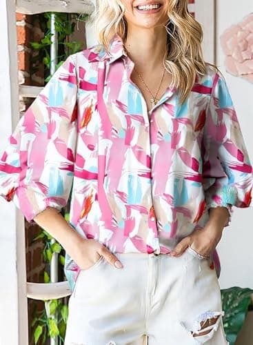 Astylish Women Oversized Button Down Shirts Collar Pretty Lantern Sleeve V-Neck Tops Spring Trendy Blouse Tunic Light Pink Medium - Image 2