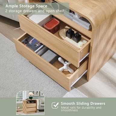 Aitjunz 25" Tall Modern Nightstand Set of 2, 23.6'' Wide Wood Bedside Table w/2 Storage Drawers, Charging Station, Mid Century End Table for Bedroom, Living Room,Curved Profile Design, Natural Oak - Image 5