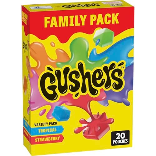 Gushers Fruit Flavored Snacks Family Pack, Tropical & Strawberry Flavors, Gluten Free Gummy Kids Snack, Bursting Juicy Center, Vitamin C Source, Individually Wrapped, Bulk Box, 20 Pouches, 16 oz Total - Image 1