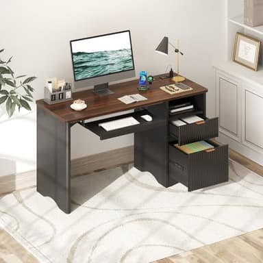 Bestier Computer Desk with Keyboard Tray, 55 inch Office Desk with Power Outlet, Modern Home Office Desk with File Drawer (Walnut with Black, 55" W with Single-Sided Drawers) - Image 7