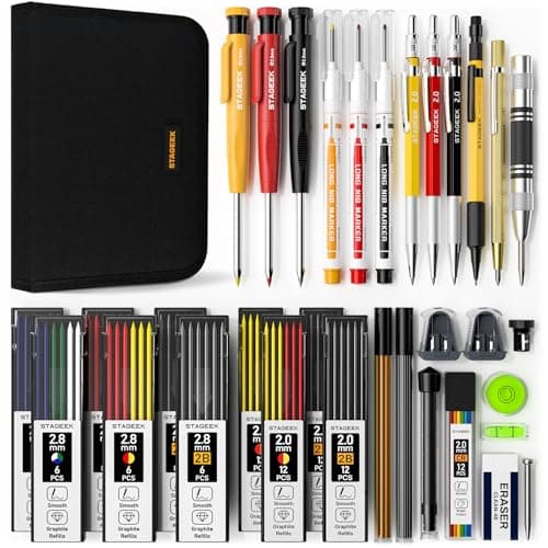 STAGEEK 34 Pack Carpenter Pencil Set with Sharpener, Mechanical Carpenter Pencils with Deep Hole Long-Nib Marker Pens, Carbide Scribe Tool & Construction Pencils for Architect Woodworking with Case - Image 1