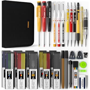 STAGEEK 34 Pack Carpenter Pencil Set with Sharpener, Mechanical Carpenter Pencils with Deep Hole Long-Nib Marker Pens, Carbide Scribe Tool & Construction Pencils for Architect Woodworking with Case - Image 1