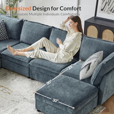 HULALA HOME 97'' Modular Sectional Sofa, L Shaped Couch with Storage Ottoman, Comfy Chenille Sofa with Deep Seat, 4 Seat Convertible Sectional Couches for Living Room, Blue - Image 3