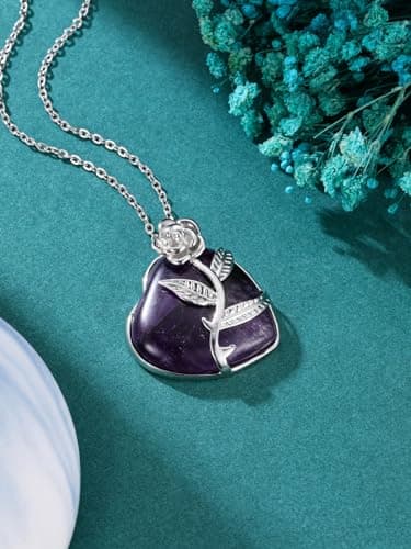 CrystalTears Amethyst Crystal Heart Necklace for Women Healing Crystals Heart Gemstone Pendant Rose Flower Wrapped Quartz Crystal Heart Stone Necklace Crystal Gift for Mom Women Mothers Day - Image 3