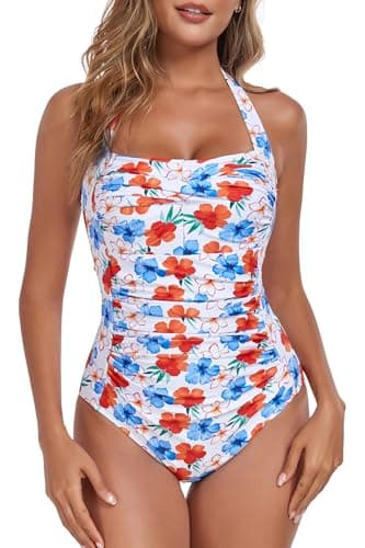 Smismivo Tummy Control Swimsuit Halter One Piece Slimming Vintage Retro Plus Size Bathing Suit Womens Ruched Push Up Swimwear for Teen White Floral S - Image 6