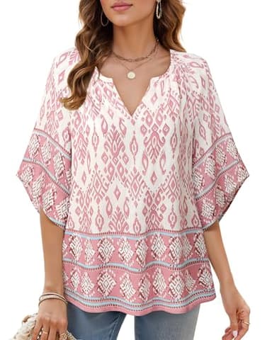 Bebonnie Boho Peasant Tops for Women: 3/4 Sleeve Dressy Casual V Neck Boho Tops - Summer Linen Beach Vacation Clothes - Plus Size Spring Clothes for Women Multi Pink XXXL - Image 2