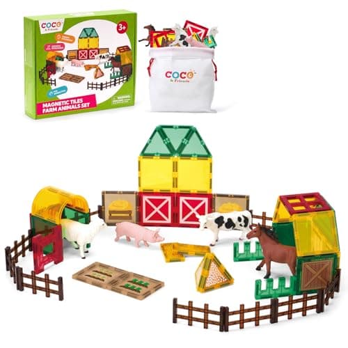 COCO&Friends Magnetic Tiles Farm Animals for Toddlers Kids Ages 3-8 - 45 PCS Magnetic Blocks with Fence Building Toys for 3 Year Old Girl Boy Birthday Gift - Montessori Educational Magnet Toys - Image 1