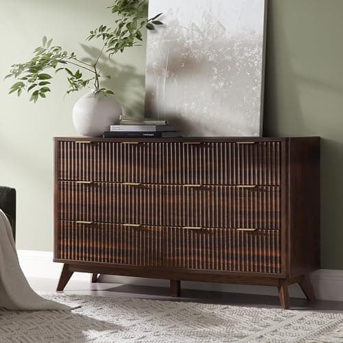 T4TREAM Fluted 6 Drawers Dresser, 54" Wide Modern Chest of Drawers, Curved Profile Design, Dresser TV Stand, Wood Drawer Organizer for Bedroom, Living Room, Hallway, Dark Walnut - Image 1