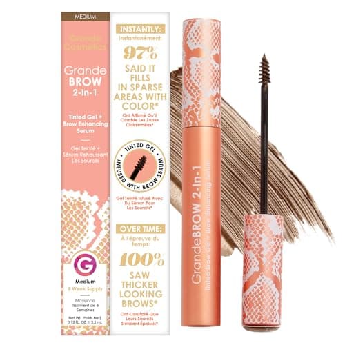 Grande Cosmetics GrandeBROW 2-in-1 Tinted Brow Gel + Brow Enhancing Serum for Thicker & Darker-Looking Eyebrows, Shape & Fill Brows, with Castor Oil & Mini Fibers - Medium, Full Size (0.12 fl oz) - Image 1