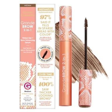 Grande Cosmetics GrandeBROW 2-in-1 Tinted Brow Gel + Brow Enhancing Serum for Thicker & Darker-Looking Eyebrows, Shape & Fill Brows, with Castor Oil & Mini Fibers - Medium, Full Size (0.12 fl oz) - Image 1