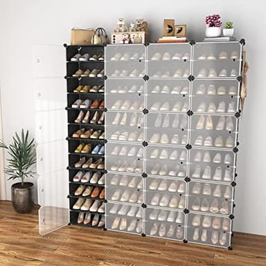 WEXCISE Portable Shoe Rack Organizer with Door, 96 Pairs Shoe Storage Cabinet Easy Assembly, Plastic Adjustable Shoe Storage Organizer Stackable Detachable Free Standing DIY Expandable 12 Tier Black - Image 2