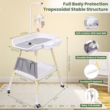 Sierjian Baby Changing Table, Adjustable Height Diaper Changing Station with Baby Crib Mobile, Changing Pad, Nursery Organizer and Large Storage Rack for Infant and Newborn - Image 2